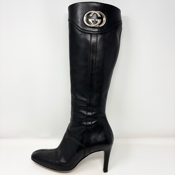 Gucci by Tom Ford GG Logo Black Leather Knee High Boots Size 8.5 Vintage - Picture 7 of 16